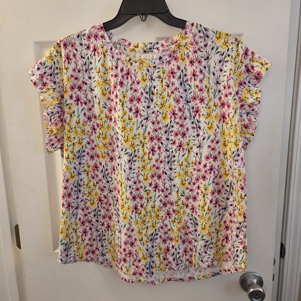 Crown & Ivy 2X colorful floral t-shirt ruffle slv cotton/modal‎ spring everyday
